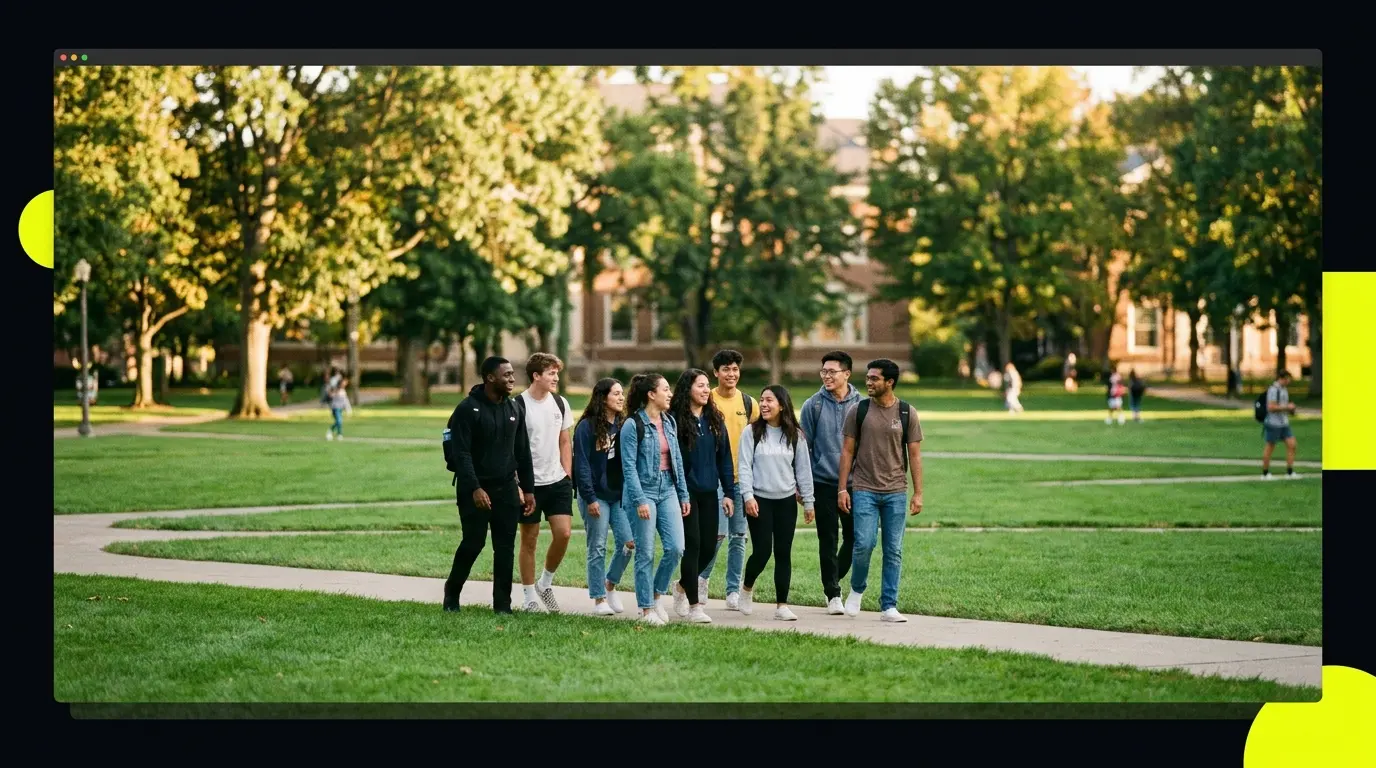 Students walking and chatting across a green campus quad at golden hour