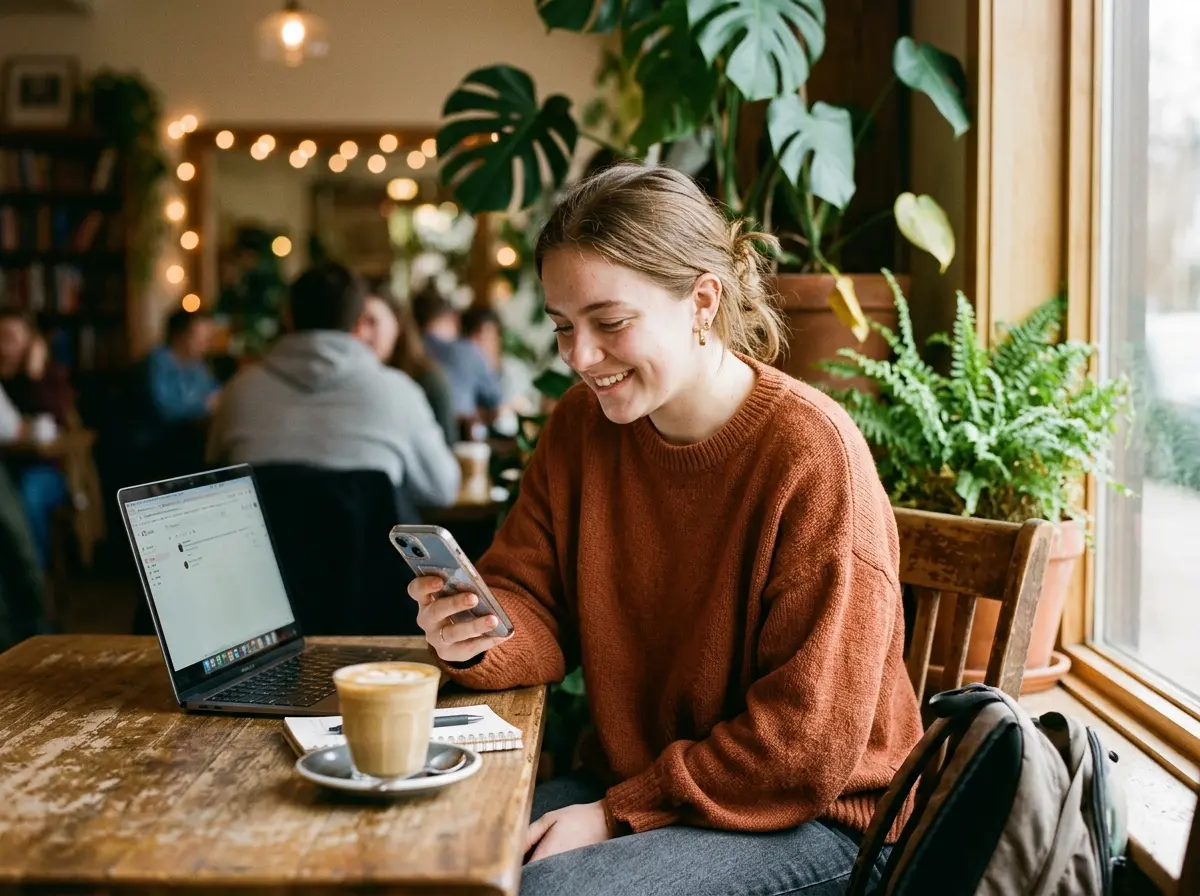 A student smiling at their phone in a cozy coffee shop