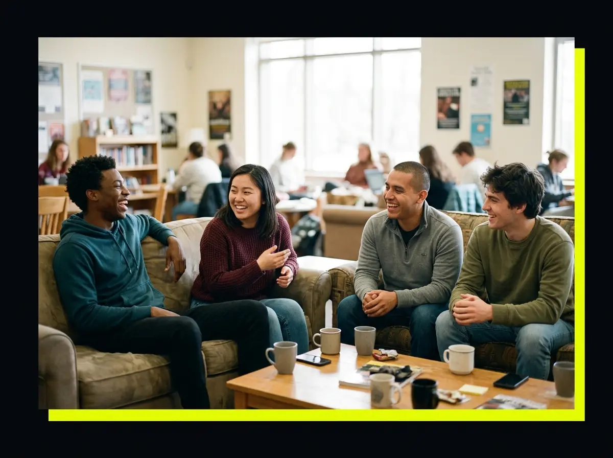 A small group of friends laughing together in a campus common area