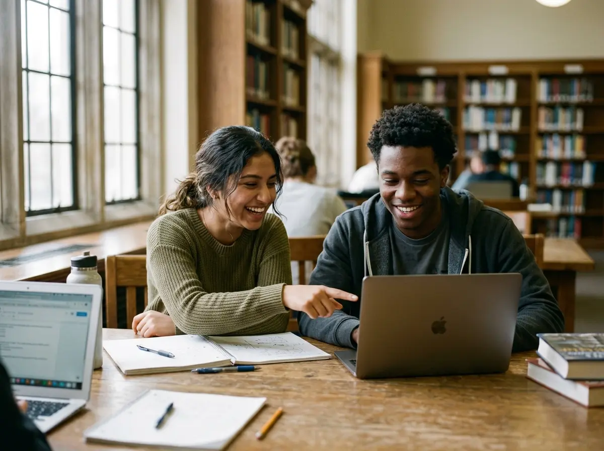 Two students studying together at a library table by a window